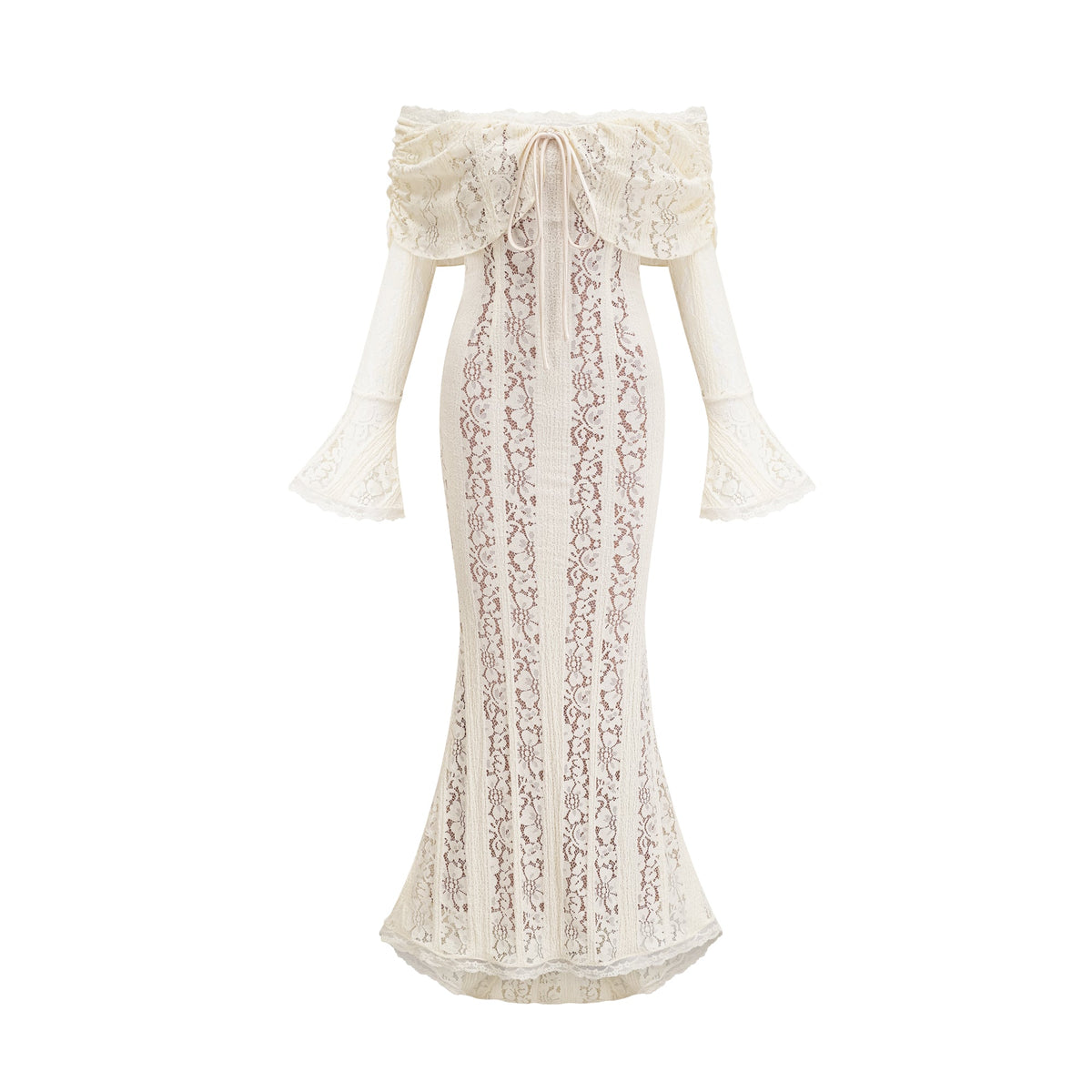 Émeline floral lace train-design maxi dress in Neutrals