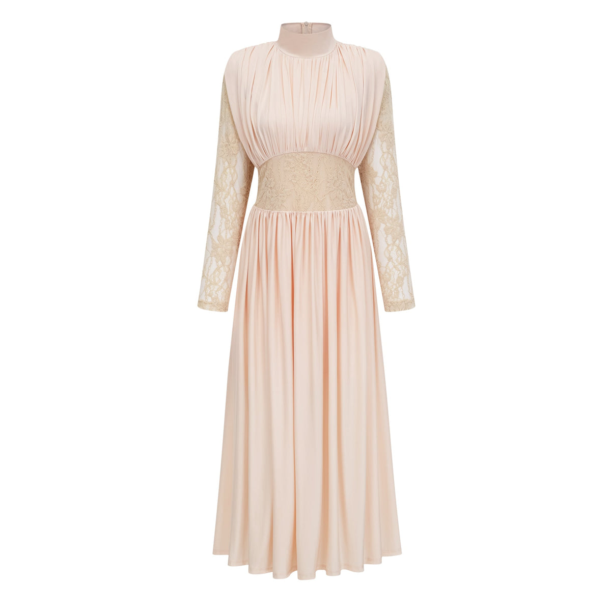 Karine Neutral Lace Panel Ruched Maxi Dress