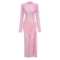 Nuria Pink Ribbon Detail Floral Lace Midi Dress
