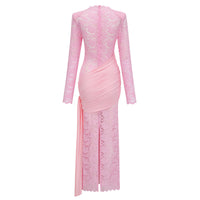 Nuria Pink Ribbon Detail Floral Lace Midi Dress