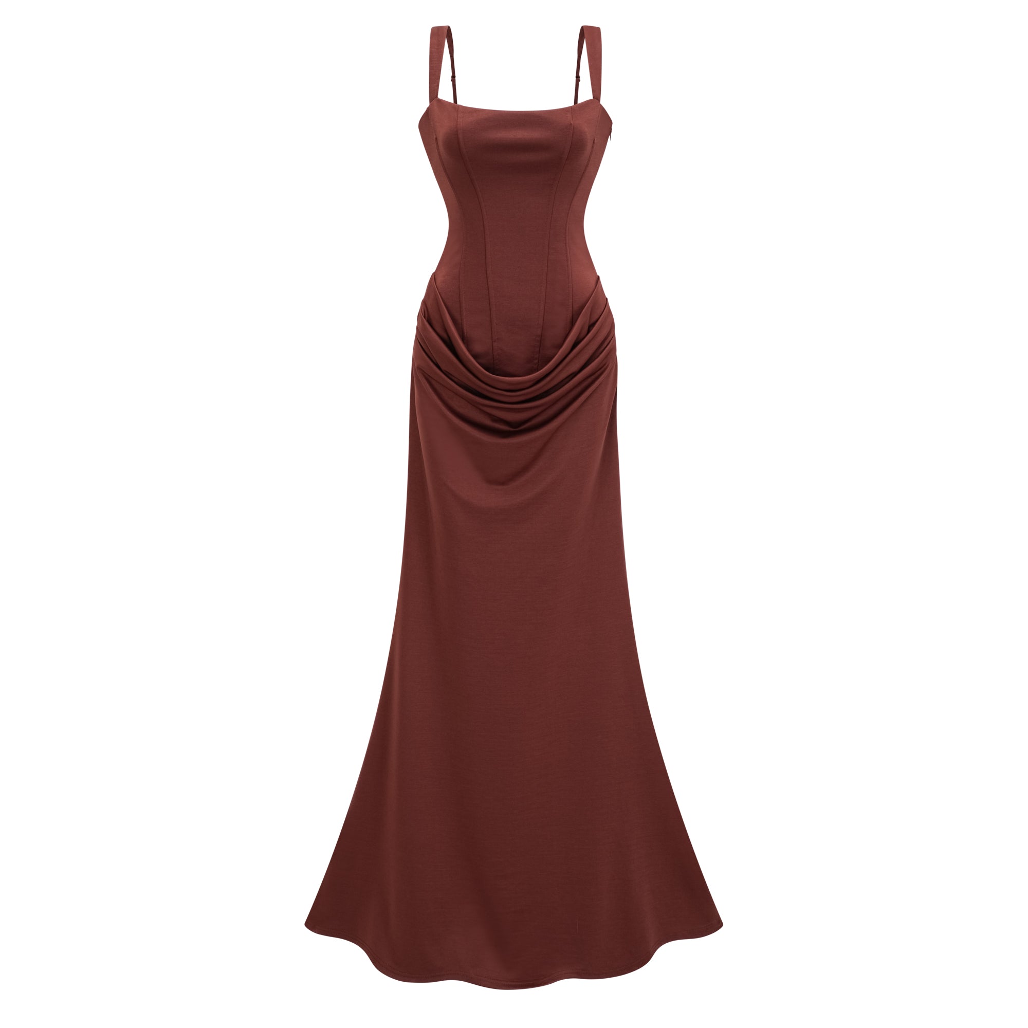 Paulette Brown Ruched Corset Maxi Dress