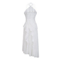 Doux White Ruffled Trim Pleated Midi Dress