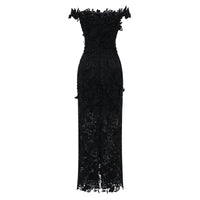 Hecate Black Beaded Lace Maxi Dress with 3D Florals