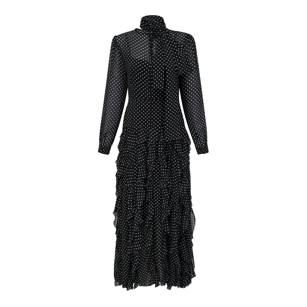 Coraline black polka-dot ruffled midi dress