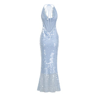 Babette blue halterneck sequined midi dress