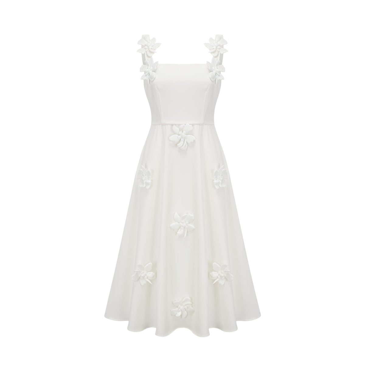 Ariane white faux-flower square-neck midi dress