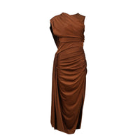 Reine Brown Asymmetrical Ruched Maxi Dress