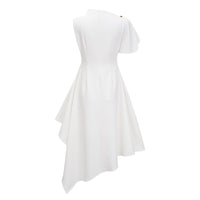 Liana White Asymmetrical Flared Midi Dress