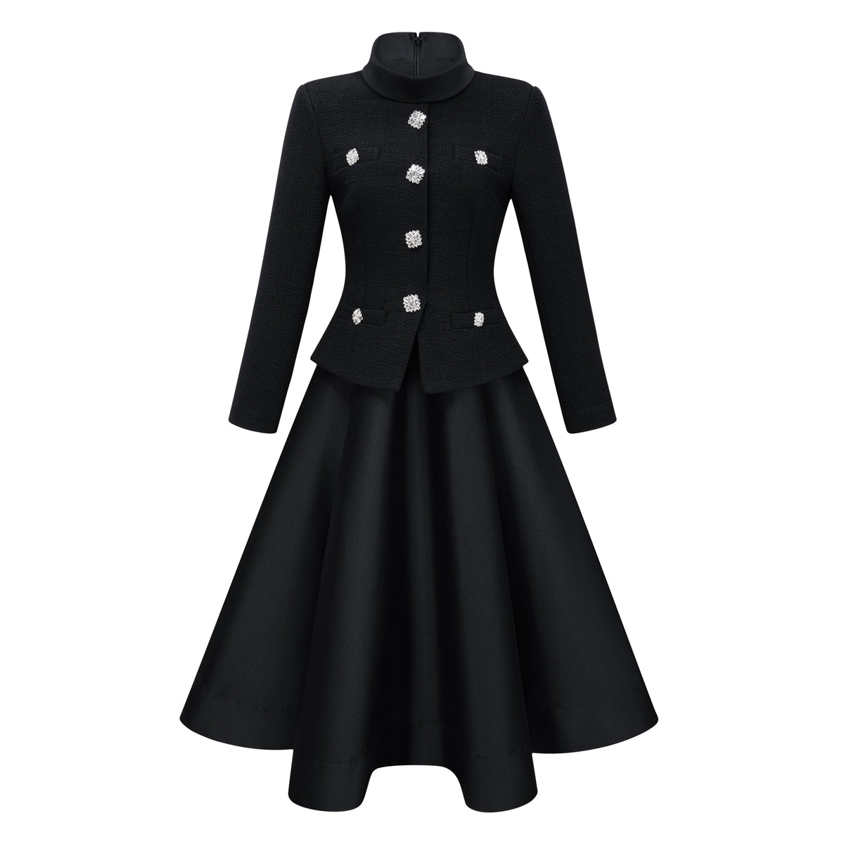 Lorelei Black High Neck Tweed Midi Dress