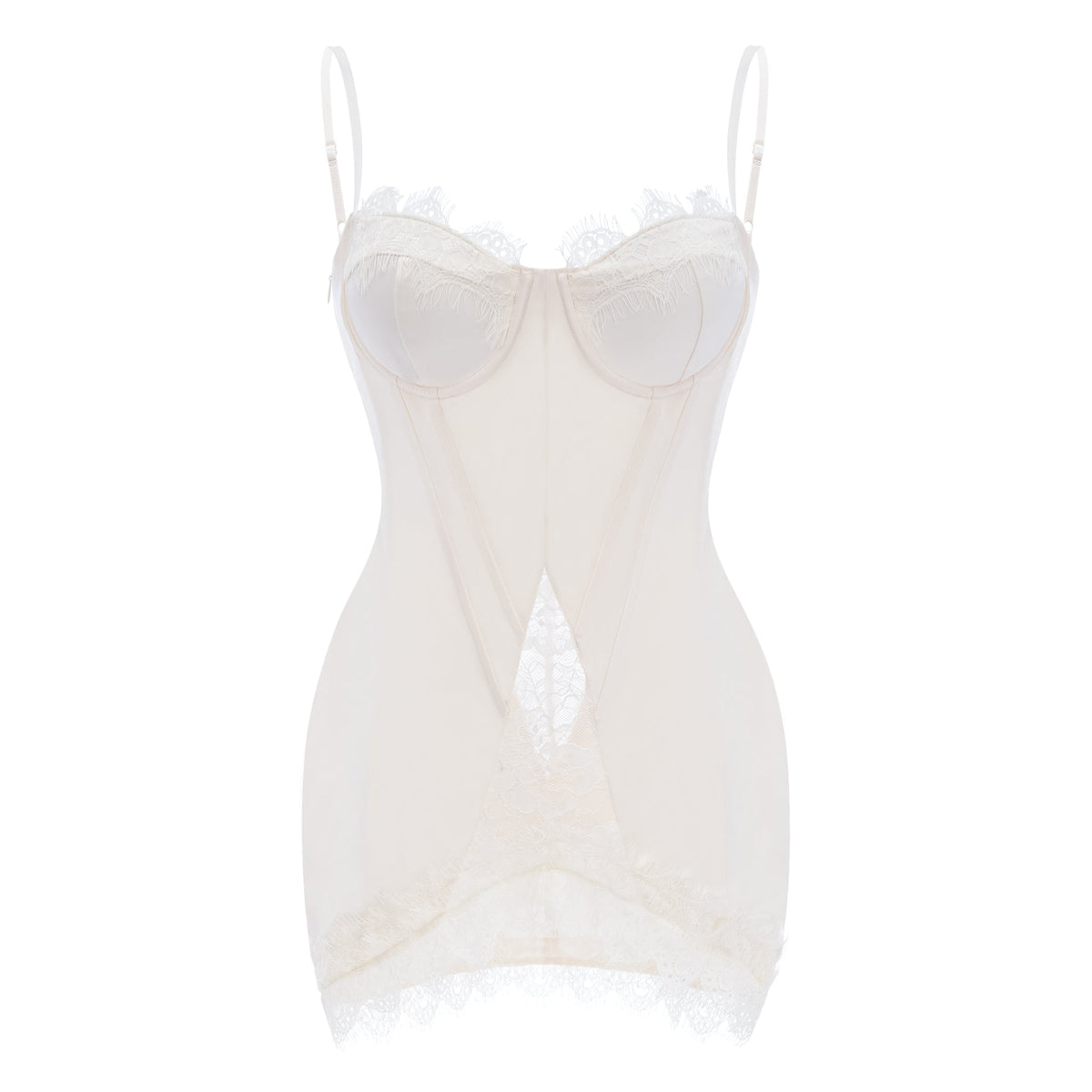Juliette White Satin Mini Dress with Lace Panels