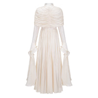 Gustave Neutral Ruched Cape Ruffled Maxi Dress
