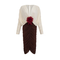 Léontine color-blocked flower-brooch ruched midi dress