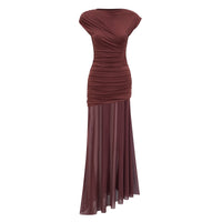 Seren Brown Ruched Tulle Panel Maxi Dress