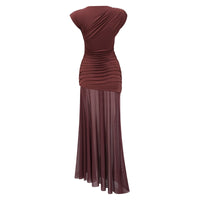 Seren Brown Ruched Tulle Panel Maxi Dress