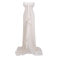 Lilla Beige Strapless Ruffled Satin Maxi Dress