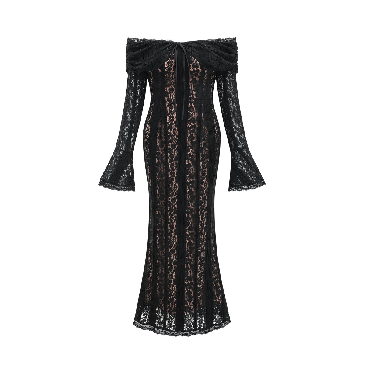 Émeline floral lace flared-cuff midi dress in Black