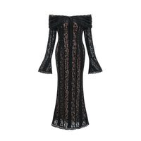 Émeline floral lace flared-cuff midi dress in Black