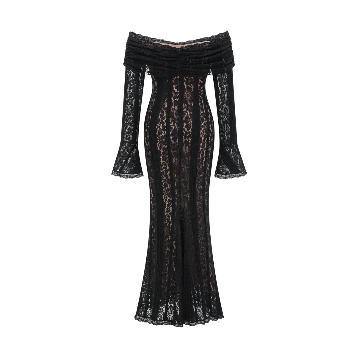 Émeline floral lace flared-cuff midi dress in Black