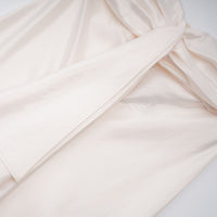 Lilla Beige Strapless Ruffled Satin Maxi Dress