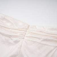 Lilla Beige Strapless Ruffled Satin Maxi Dress