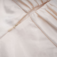 Lilla Beige Strapless Ruffled Satin Maxi Dress