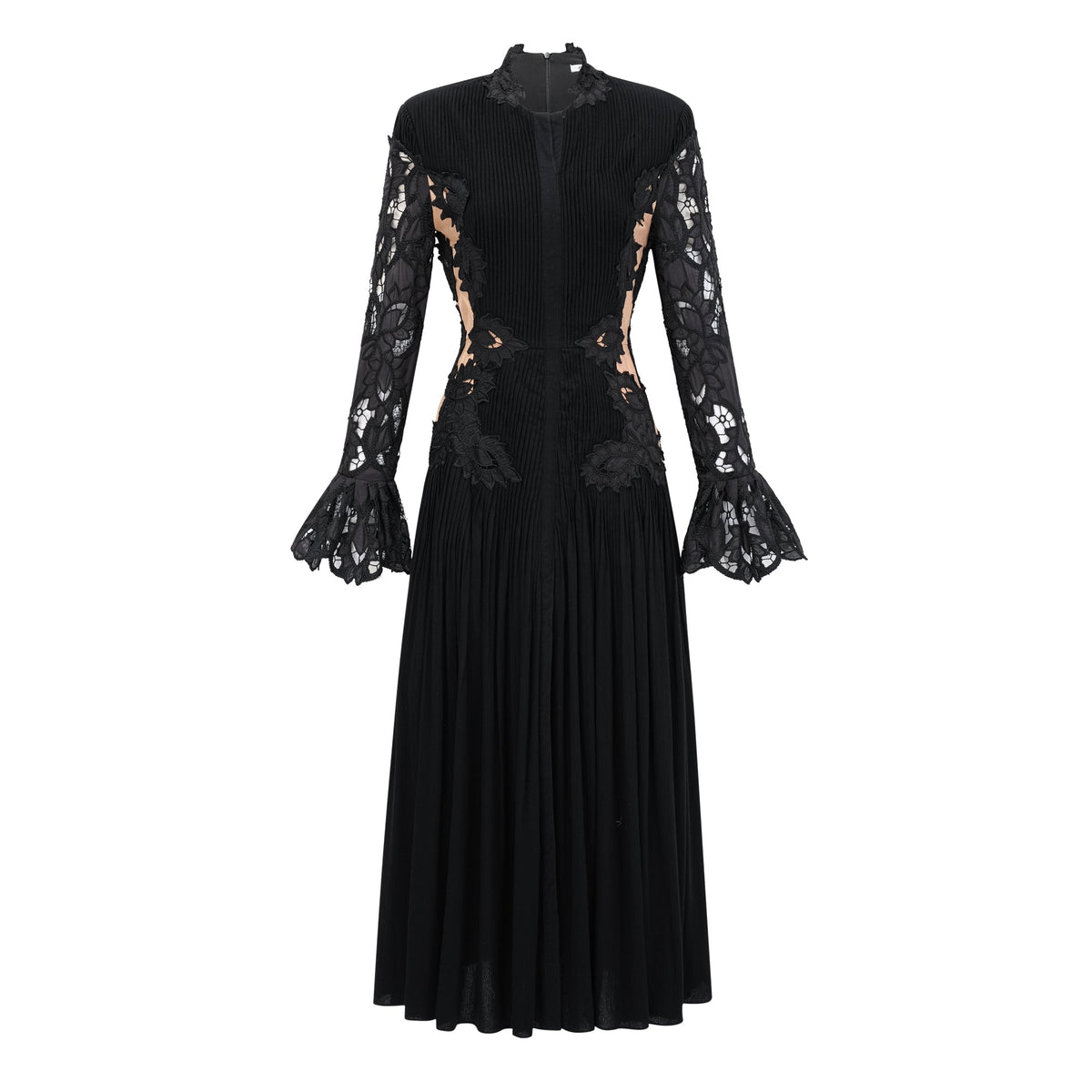 Chiara Black Lace Panel Pleated Midi Dress