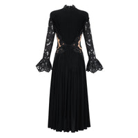 Chiara Black Lace Panel Pleated Midi Dress