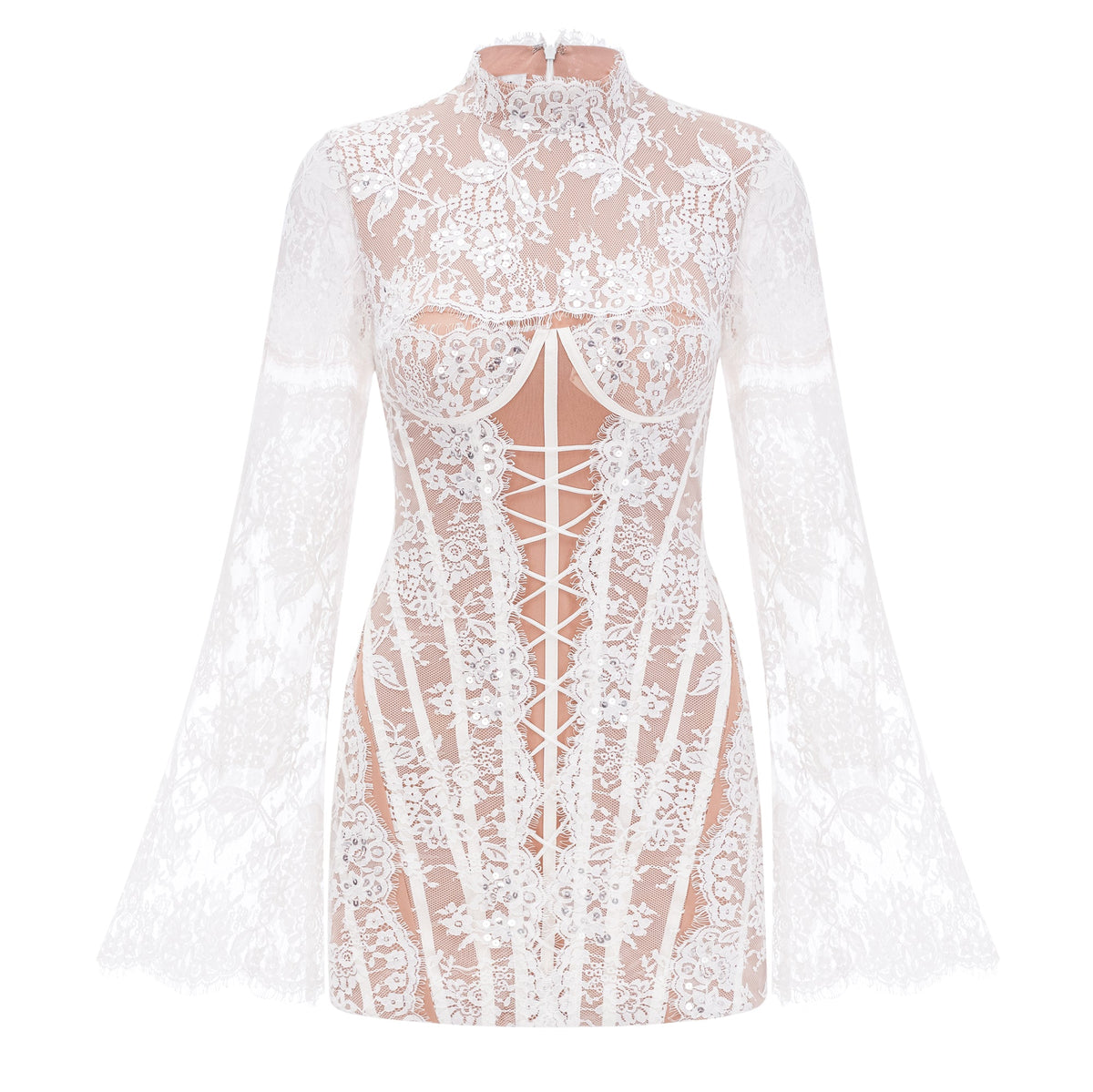 Bulelwa White Semi-Sheer Floral Lace Mini Dress