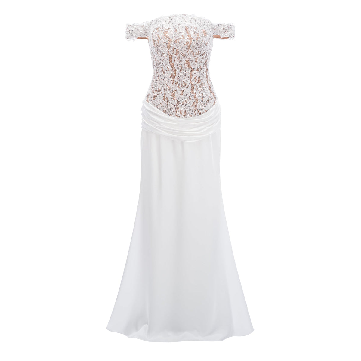 Grace White Satin Maxi Dress with Lace Panels