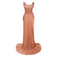 Gelsomina Gold Asymmetrical Glossy Gathered Maxi Dress