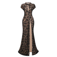 Andrea Black Keyhole Lace Maxi Dress with High Thigh Slit