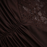 Brigitte Brown Lace Panel Ruched Maxi Dress