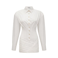 Orlane white cinched-waist pleated mini shirt dress