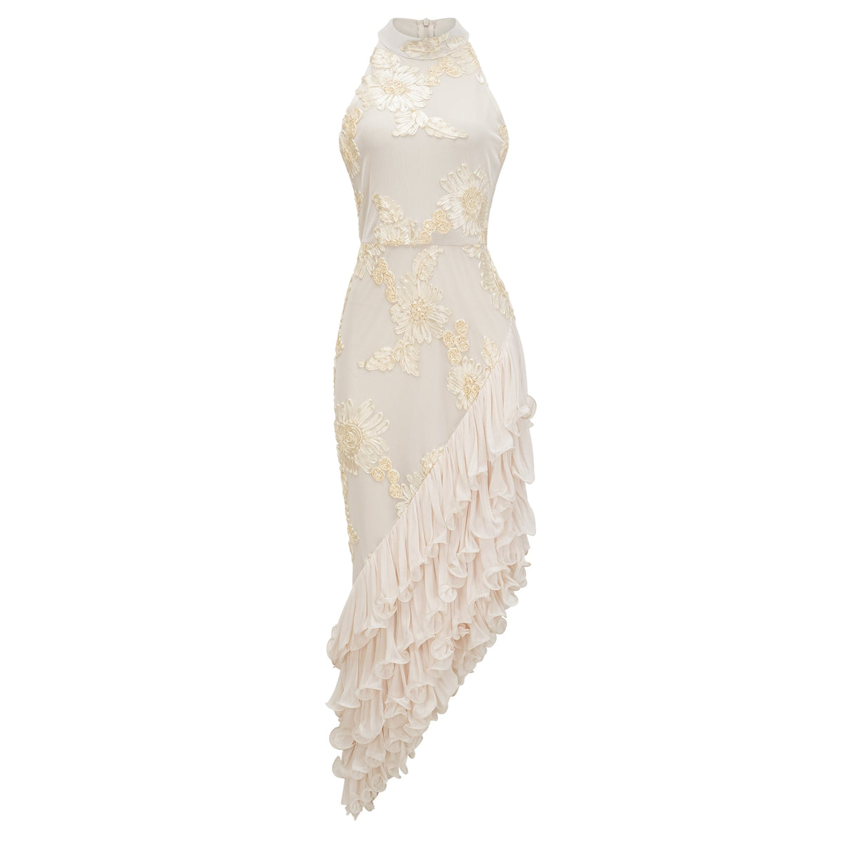 Théoline Neutral Asymmetrical Ruffled Floral Midi Dress