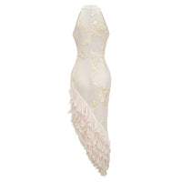 Théoline Neutral Asymmetrical Ruffled Floral Midi Dress