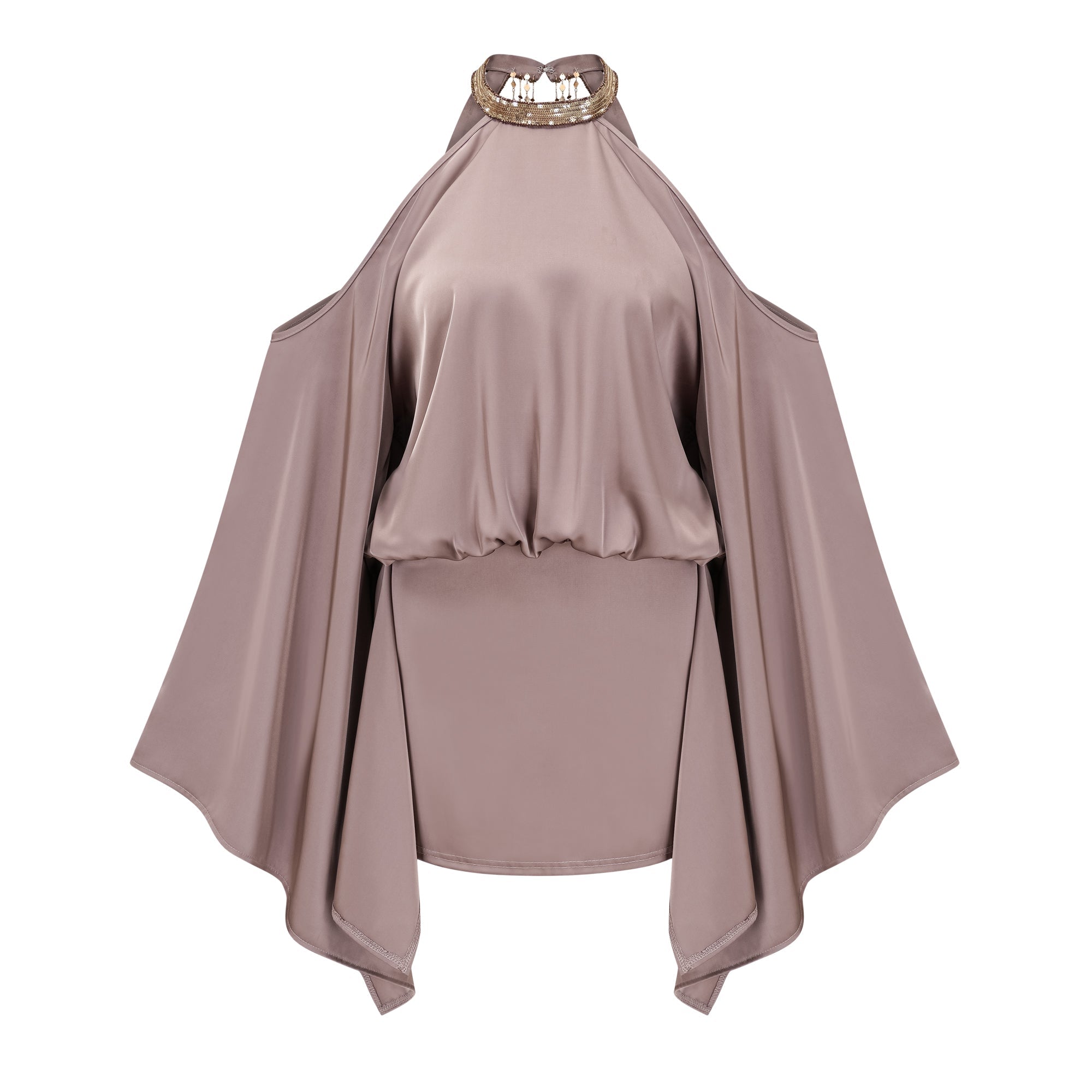 Jimena Brown Cold Shoulder Embellished Mini Dress