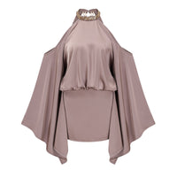 Jimena Brown Cold Shoulder Embellished Mini Dress