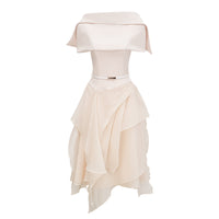 Aria White Asymmetrical Shawl & Tulle Panel Dress Set