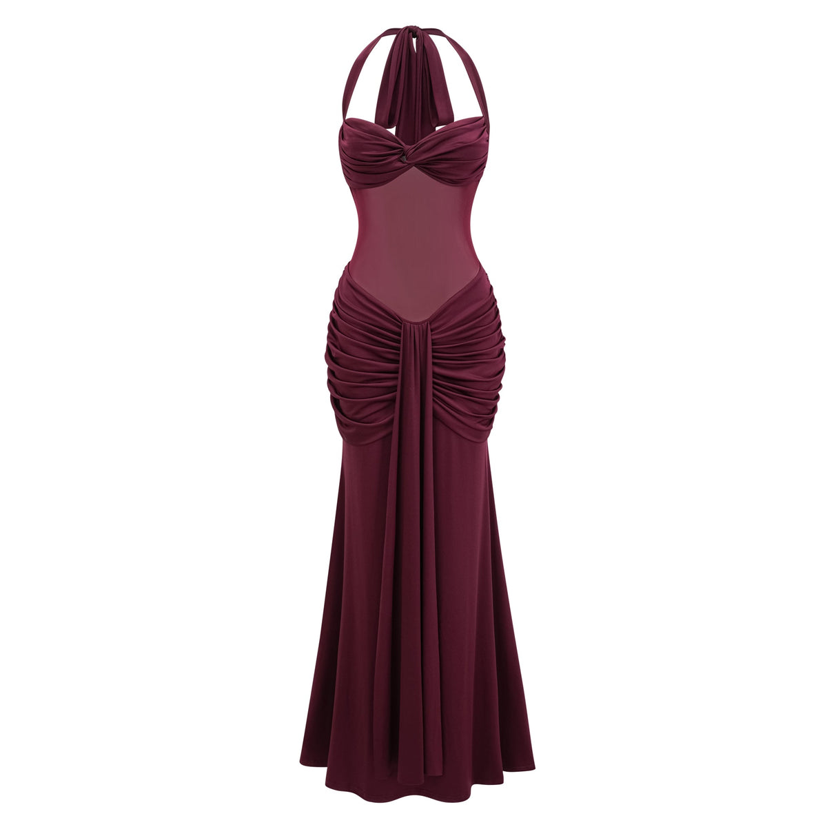 Amandine Burgundy Halterneck Gathered Maxi Dress