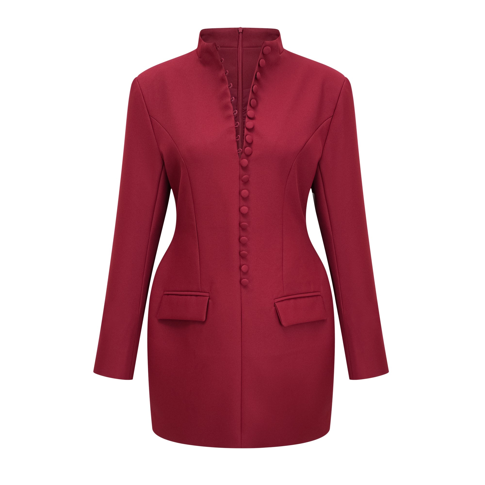 Valeria Burgundy Stand Collar Long Sleeve Mini Dress