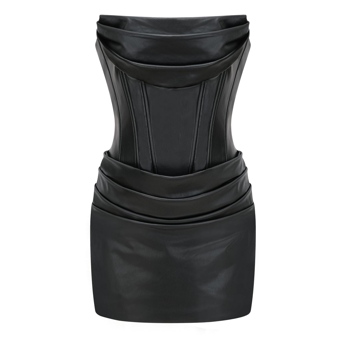 Agnes Black Ruched Leather Bodycon Mini Dress