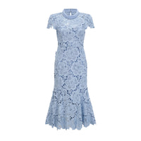 Aurore Blue Floral Appliqué Lace Midi Dress