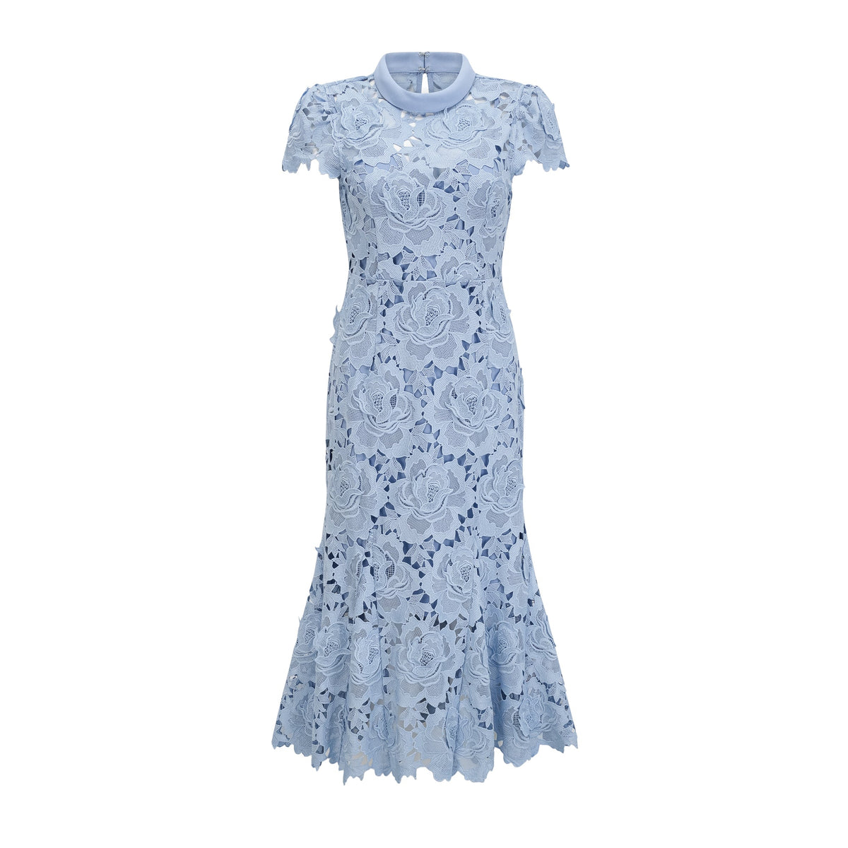 Aurore Blue Floral Appliqué Lace Midi Dress