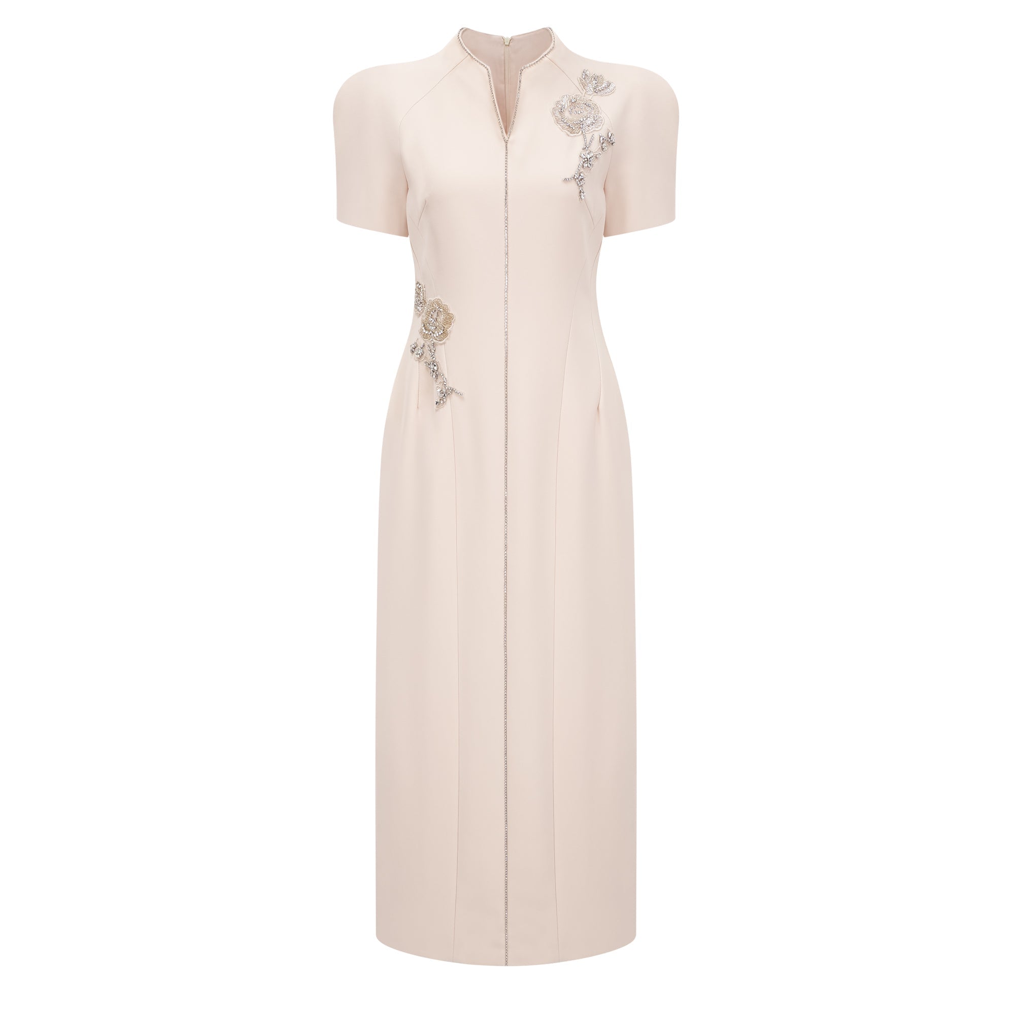Quintella Neutral Floral Crystal Midi Dress