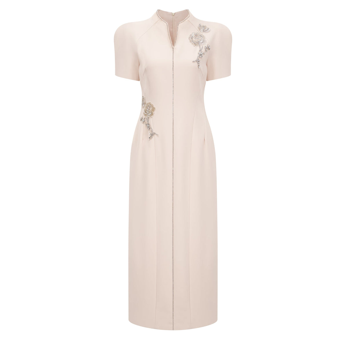 Quintella Neutral Floral Crystal Midi Dress