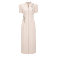 Quintella Neutral Floral Crystal Midi Dress