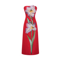 Irène Sequin Embroidered Off-Shoulder Midi Dress in Red