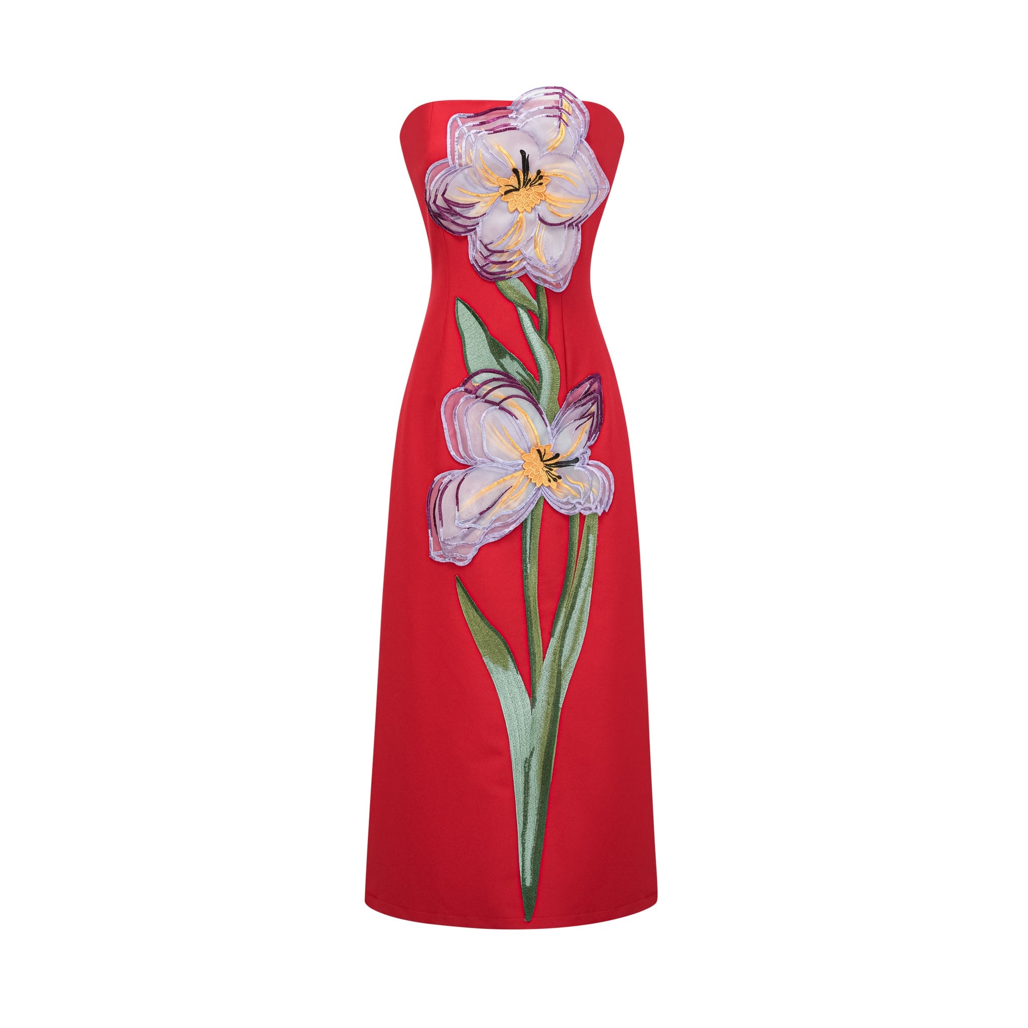 Irène Sequin Embroidered Off-Shoulder Midi Dress in Red