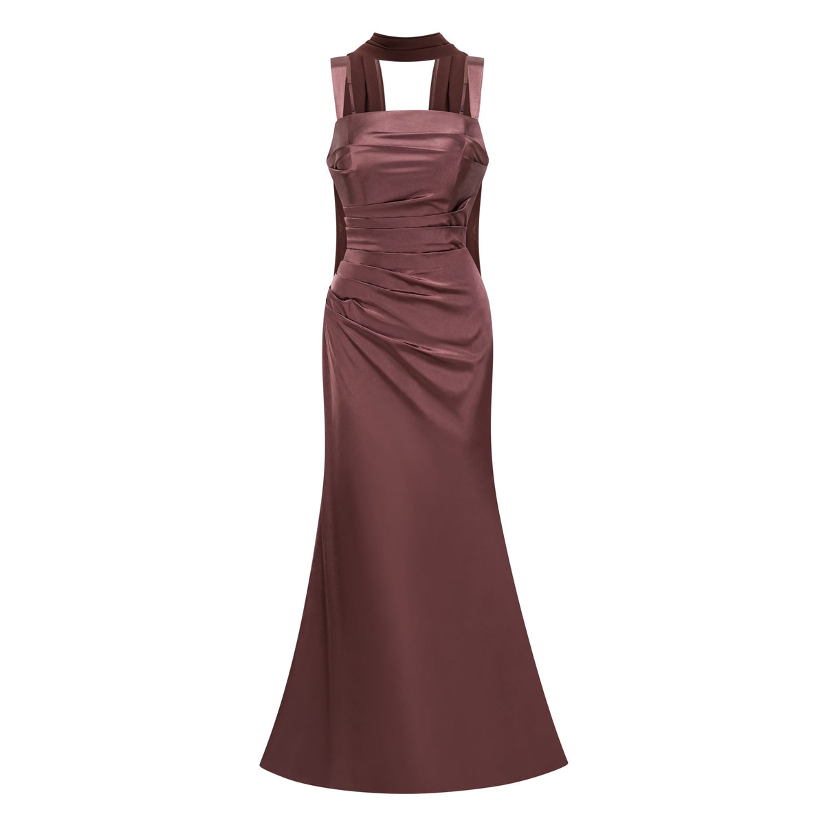 Inmaculada Brown Ruched Satin Maxi Dress (Without Gloves)