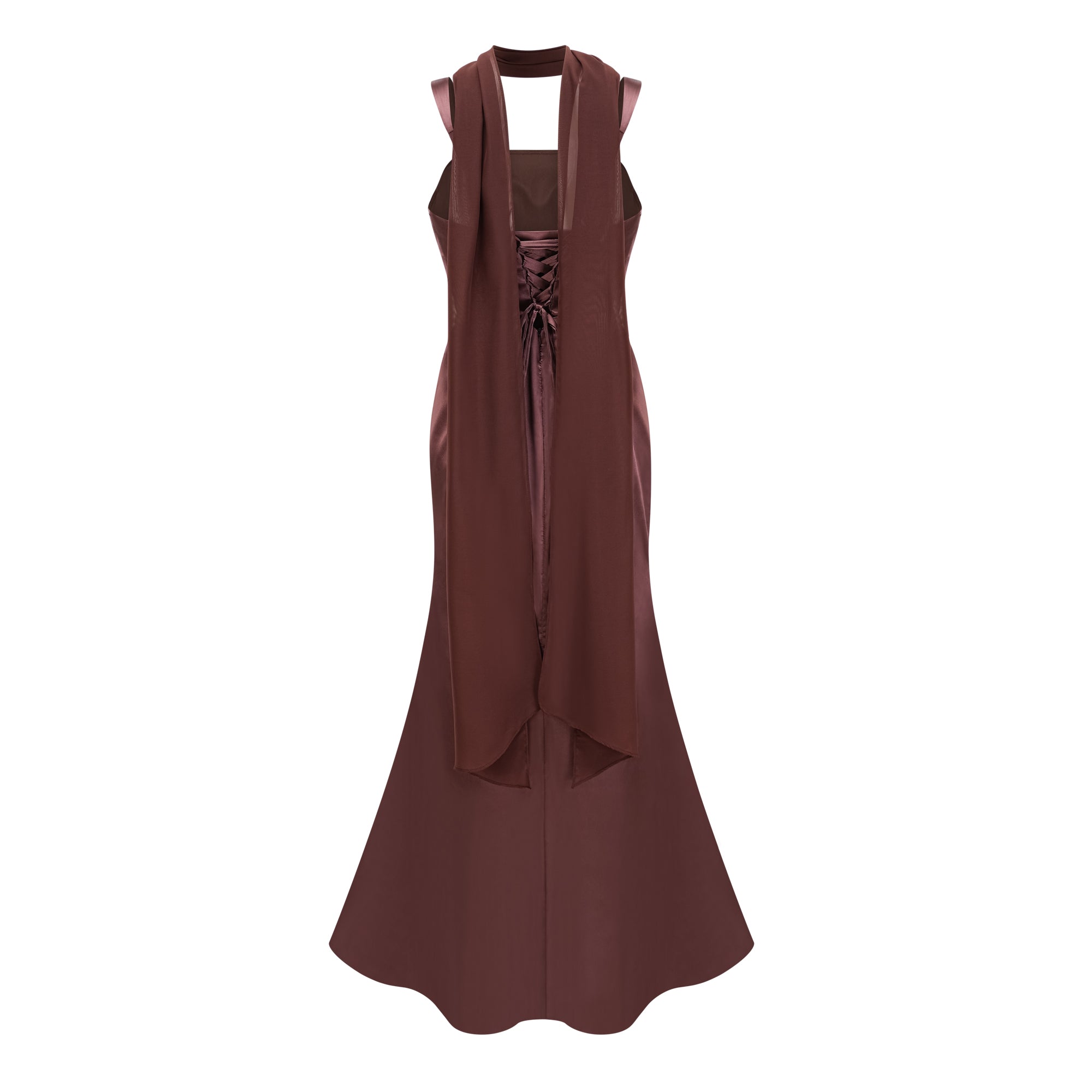 Inmaculada Brown Ruched Satin Maxi Dress (Without Gloves)